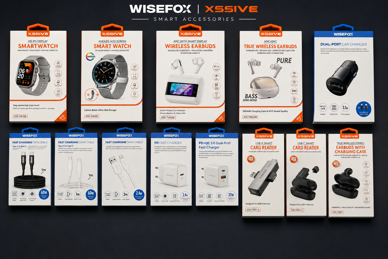 Gamme complète d'accessoires Wisefox et Xssive : montres connectées, écouteurs, chargeurs, câbles et lecteurs de cartes