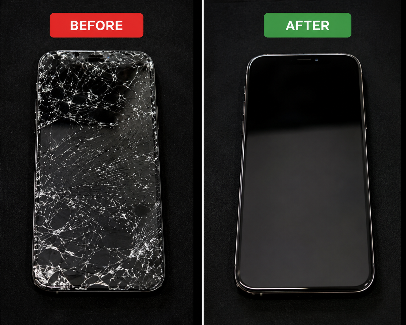 Smartphone à l'écran cassé avant réparation et écran impeccable après