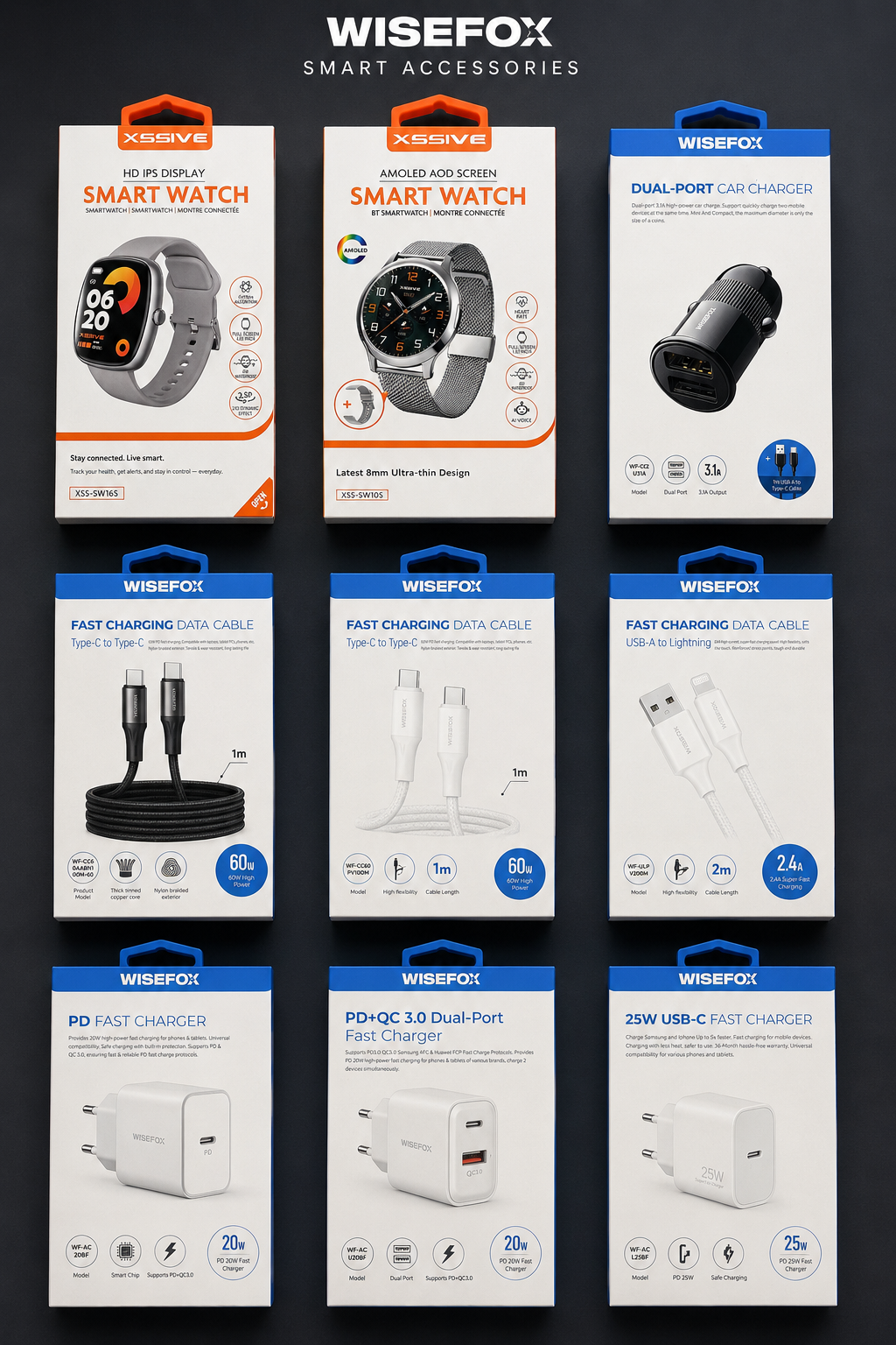 Sélection d'accessoires Wisefox : montres connectées, chargeur voiture, câbles de charge rapide et chargeurs PD