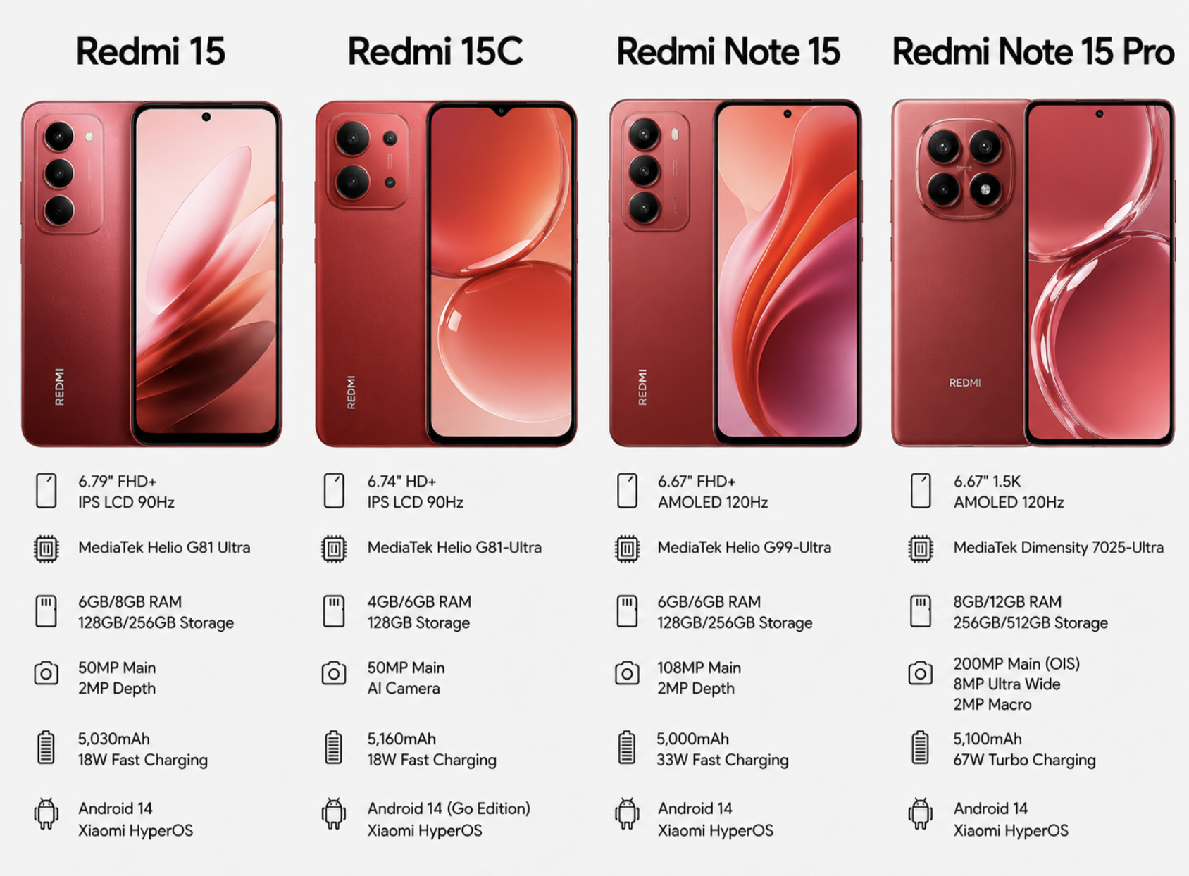 Gamme Redmi 15, 15C, Note 15 et Note 15 Pro avec caractéristiques